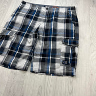 VINTAGE Y2K POINT ZERO CHECKERED PLAID CARGO SHORTS WHITE / NAVY