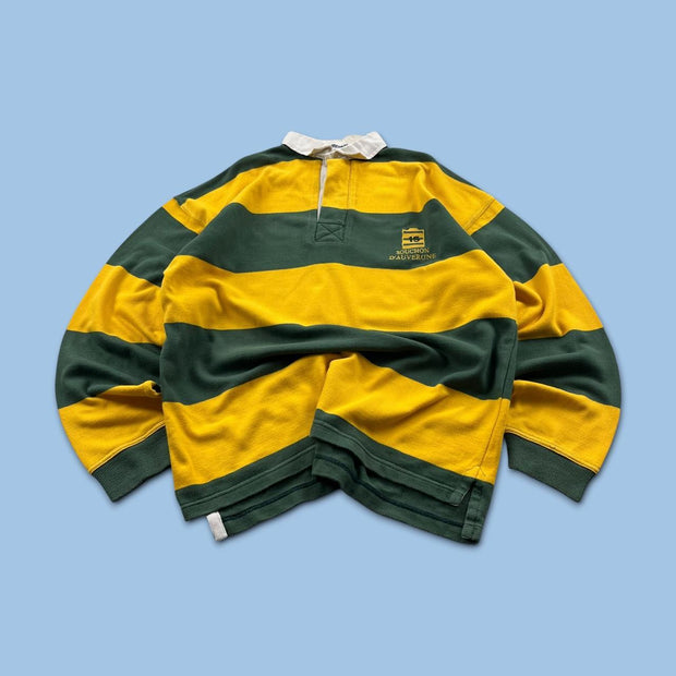 VINTAGE Y2K STRIPED LONG SLEEVE RUGBY POLO SHIRT YELLOW KHAKI