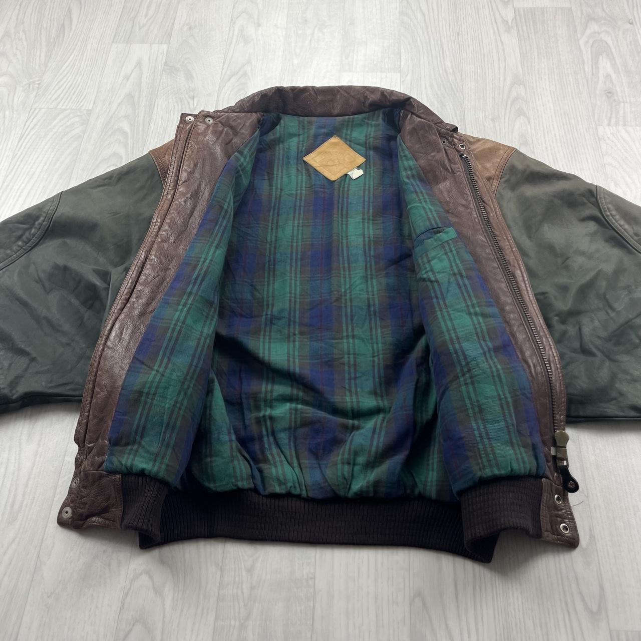 VINTAGE Y2K LEATHER FLIGHT BOMBER VARSITY JACKET BROWN / GREEN