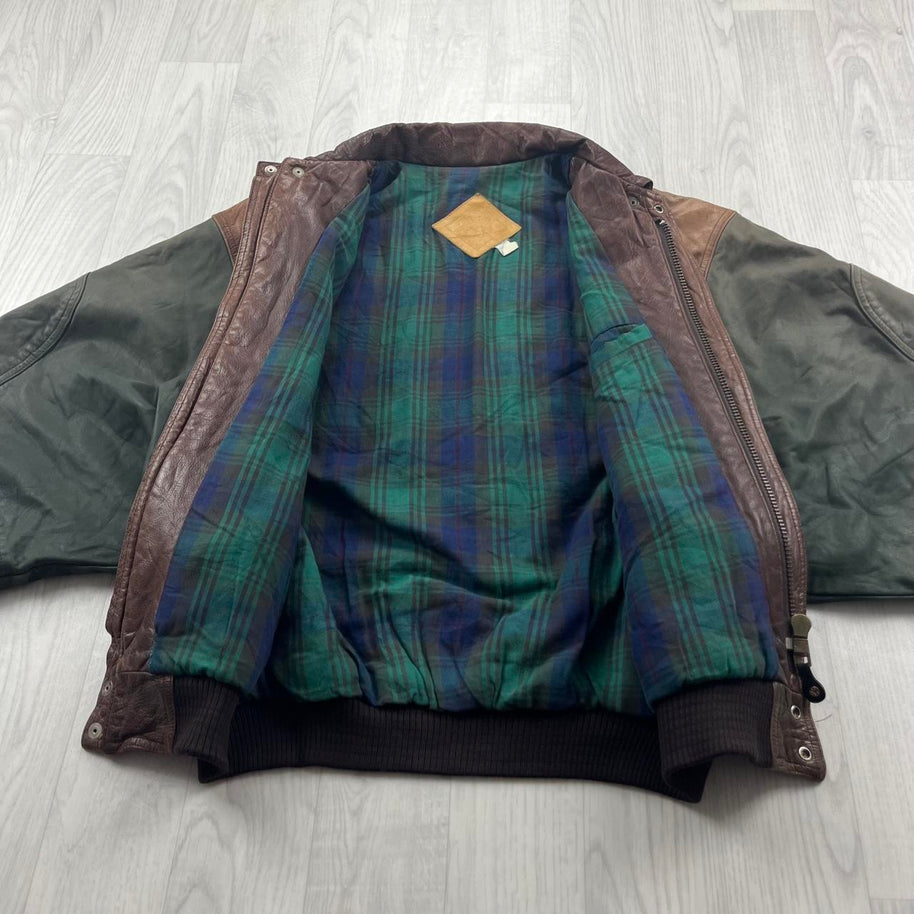 VINTAGE Y2K LEATHER FLIGHT BOMBER VARSITY JACKET BROWN / GREEN