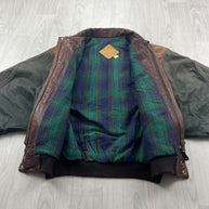 VINTAGE Y2K LEATHER FLIGHT BOMBER VARSITY JACKET BROWN / GREEN