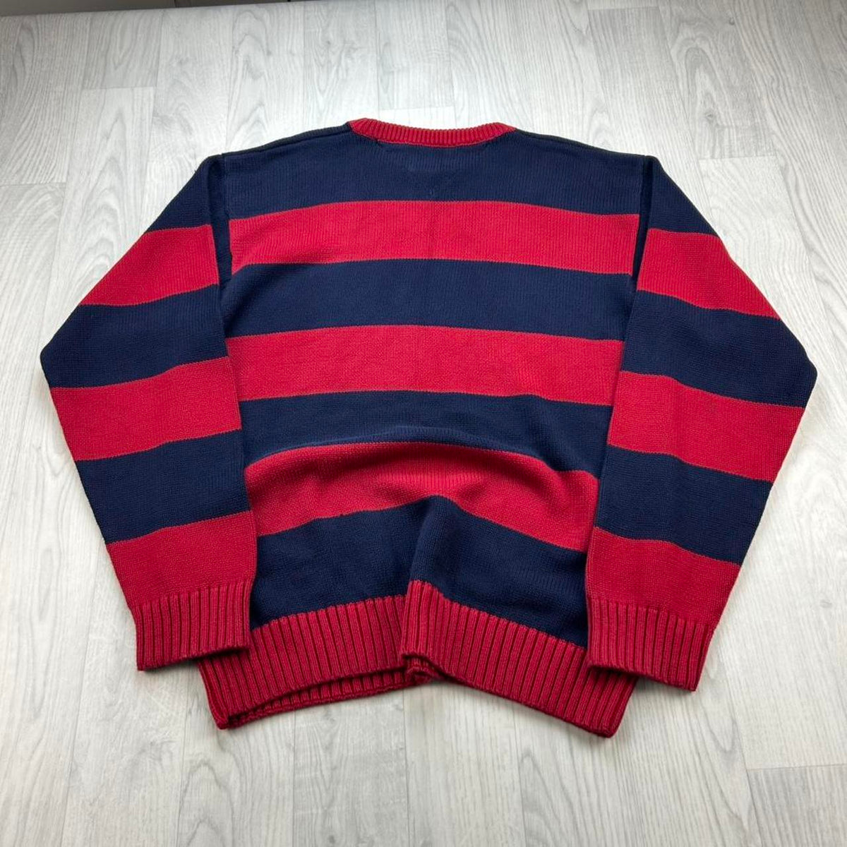 VINTAGE Y2K TOMMY HILFIGER STRIPED CHUNKY KNIT JUMPER NAVY / RED