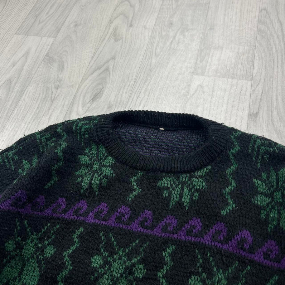 VINTAGE 90s PATTERN KNITTED JUMPER BLACK / GREEN