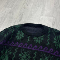 VINTAGE 90s PATTERN KNITTED JUMPER BLACK / GREEN