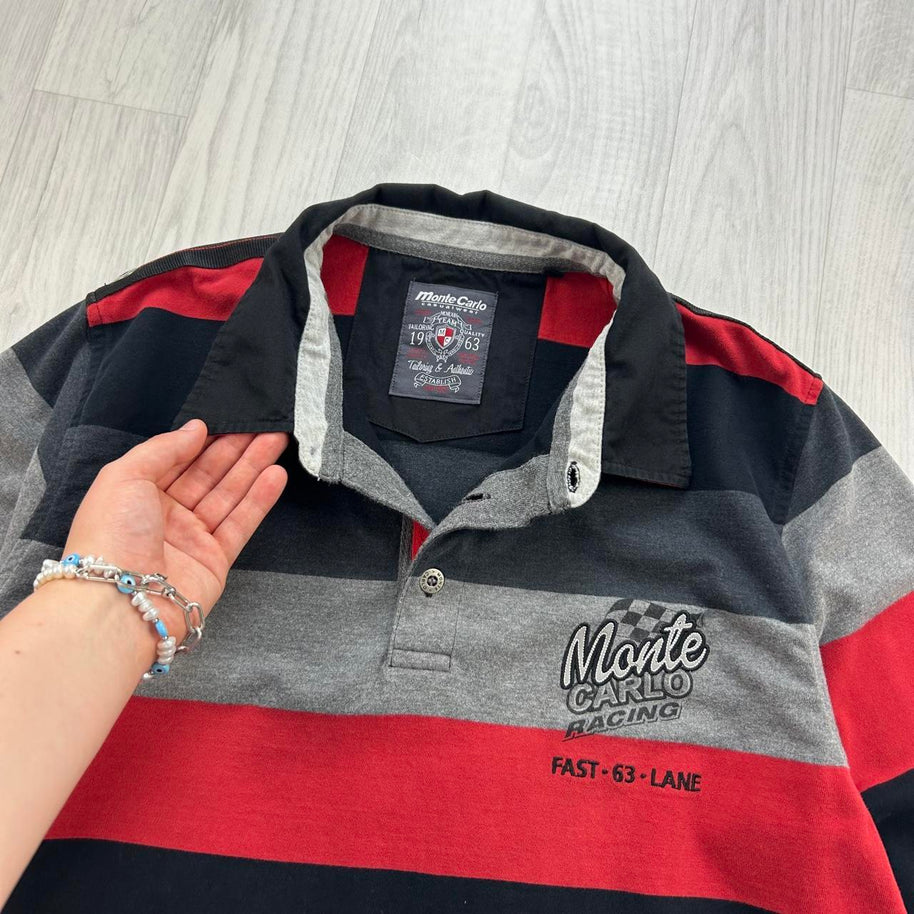 VINTAGE Y2K MONTE CARLO STRIPED LONG SLEEVE RUGBY POLO SHIRT RED / BLACK