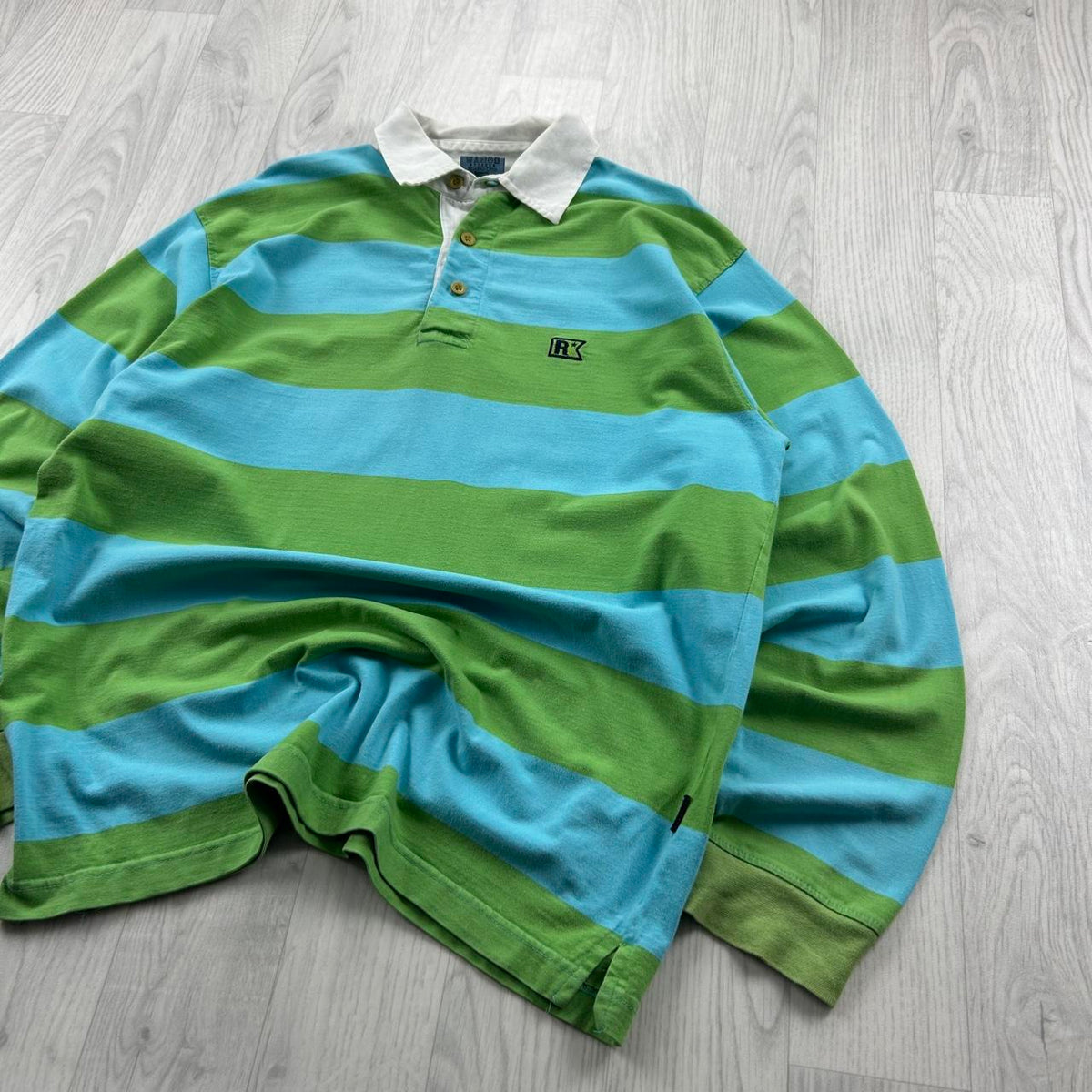 VINTAGE Y2K STRIPED LONG SLEEVE GRAPHIC RUGBY POLO SHIRT GREEN / BLUE