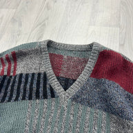 VINTAGE 90s PATTERN COLOUR BLOCK KNITTED JUMPER GREY / MULTI