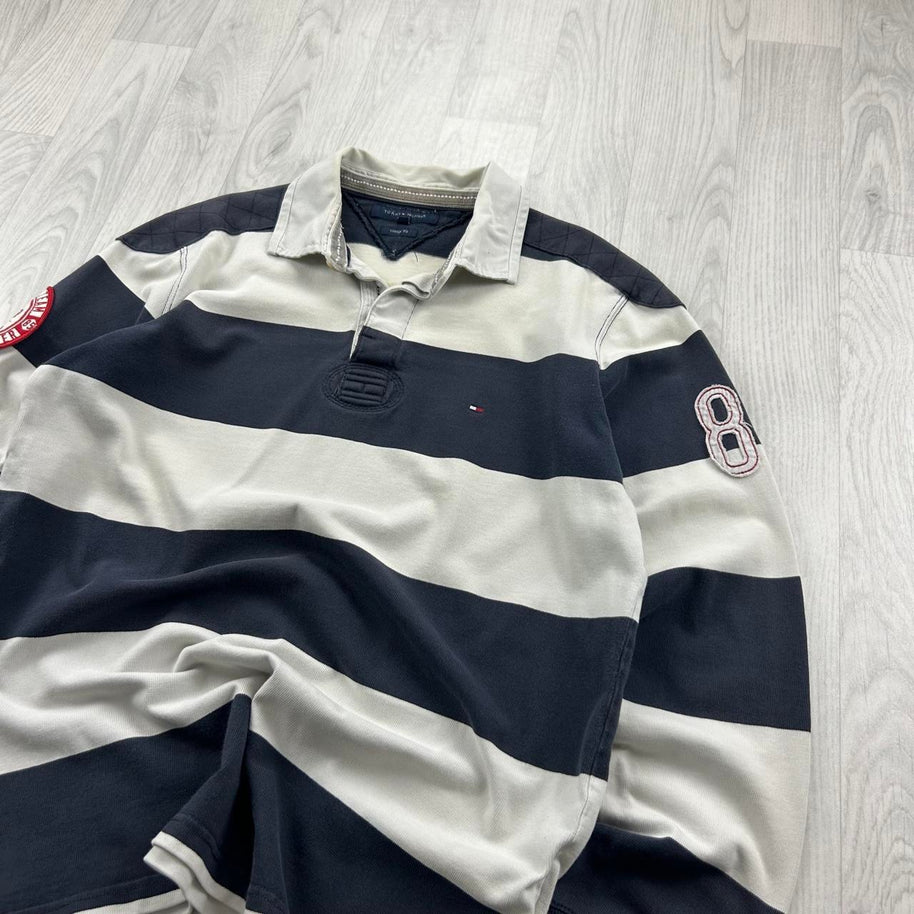 VINTAGE Y2K TOMMY HILFIGER STRIPED LONG SLEEVE RUGBY POLO SHIRT WHITE / NAVY