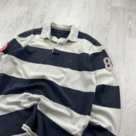 VINTAGE Y2K TOMMY HILFIGER STRIPED LONG SLEEVE RUGBY POLO SHIRT WHITE / NAVY