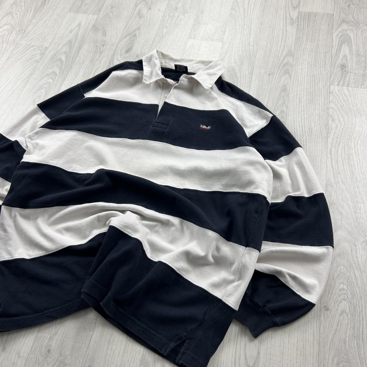 VINTAGE Y2K CELIO STRIPED LONG SLEEVE RUGBY POLO SHIRT NAVY / WHITE