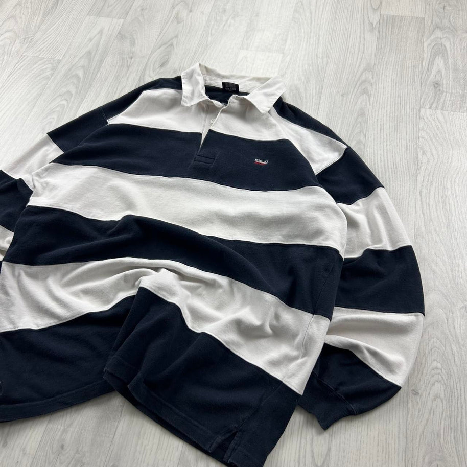 VINTAGE Y2K CELIO STRIPED LONG SLEEVE RUGBY POLO SHIRT NAVY / WHITE
