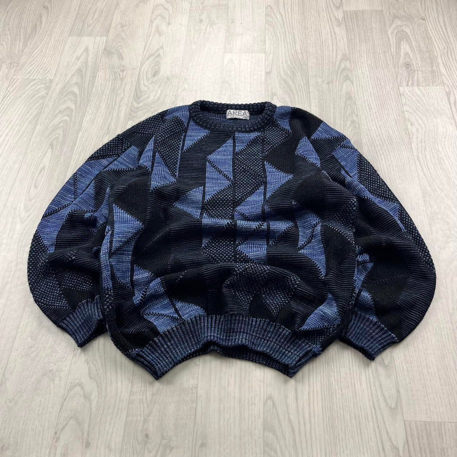 VINTAGE 90s PATTERN KNITTED JUMPER BLACK / BLUE