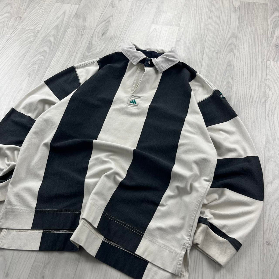 VINTAGE Y2K ADIDAS EQUIPMENT STRIPED LONG SLEEVE RUGBY POLO SHIRT BLACK / WHITE