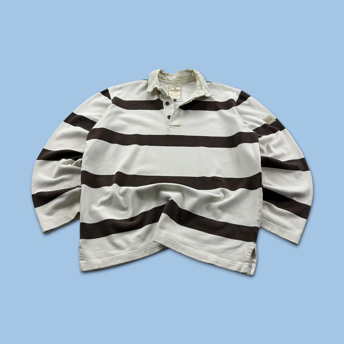 VINTAGE Y2K STRIPED LONG SLEEVE RUGBY POLO SHIRT WHITE / BROWN