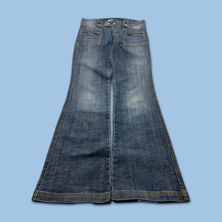 VINTAGE Y2K PINK FLAMINGO LOW RISE BOOTCUT FLARED BUCKLE JEANS BLUE