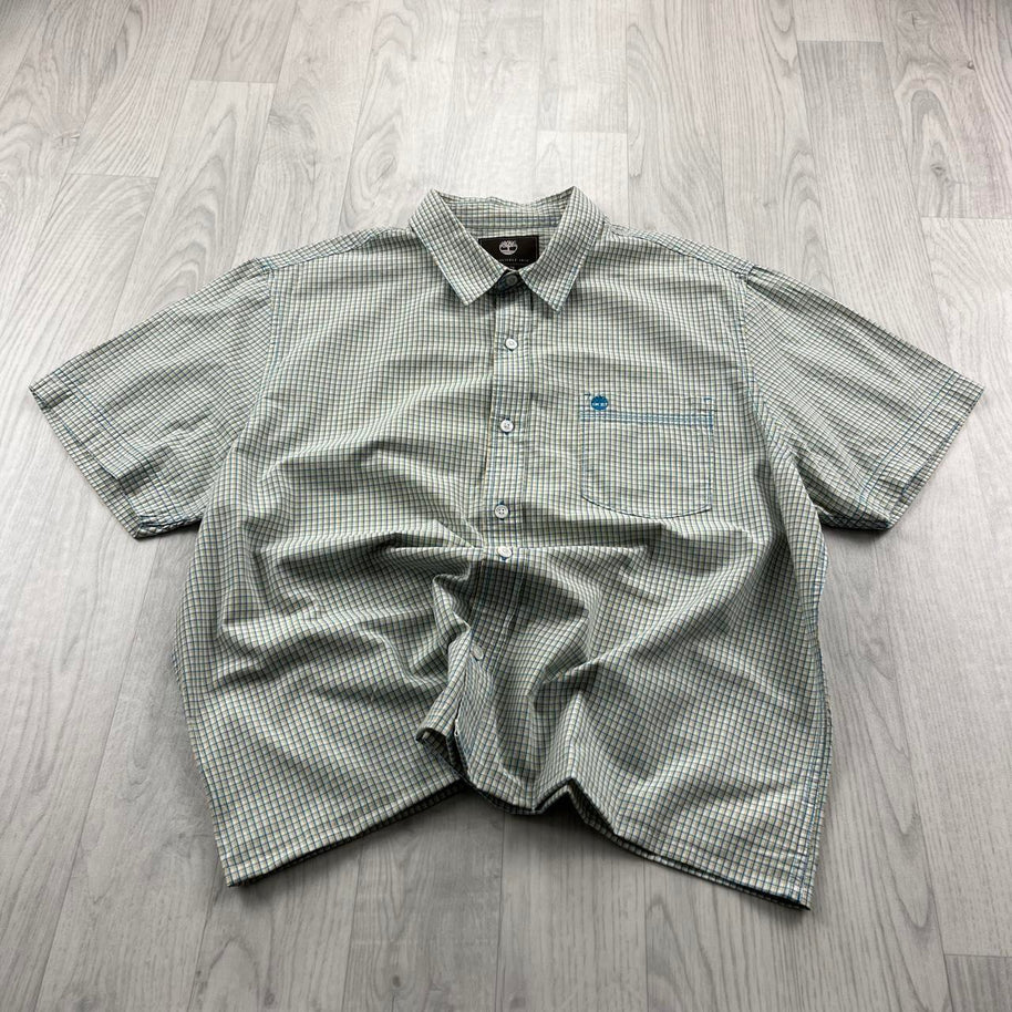 VINTAGE 00s TIMBERLAND CHECKERED CROPPED SHORT SLEEVE BUTTON UP SHIRT GREEN