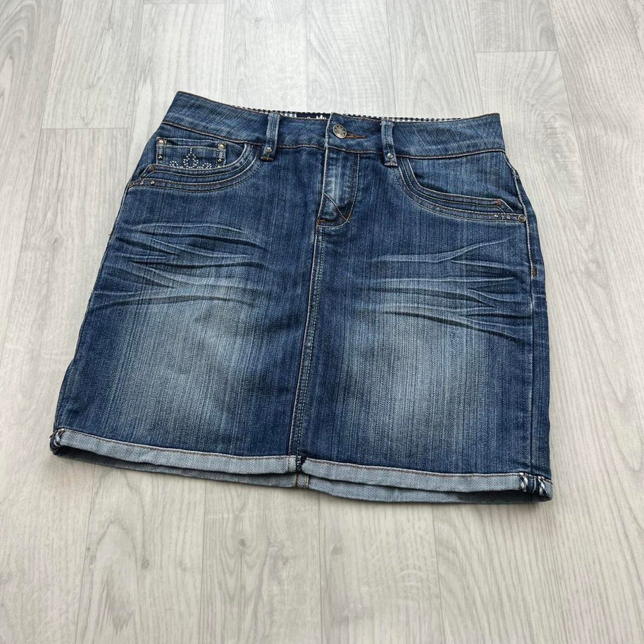 VINTAGE Y2K CACHE DIAMANTE DENIM LOW RISE MINI SKIRT BLUE