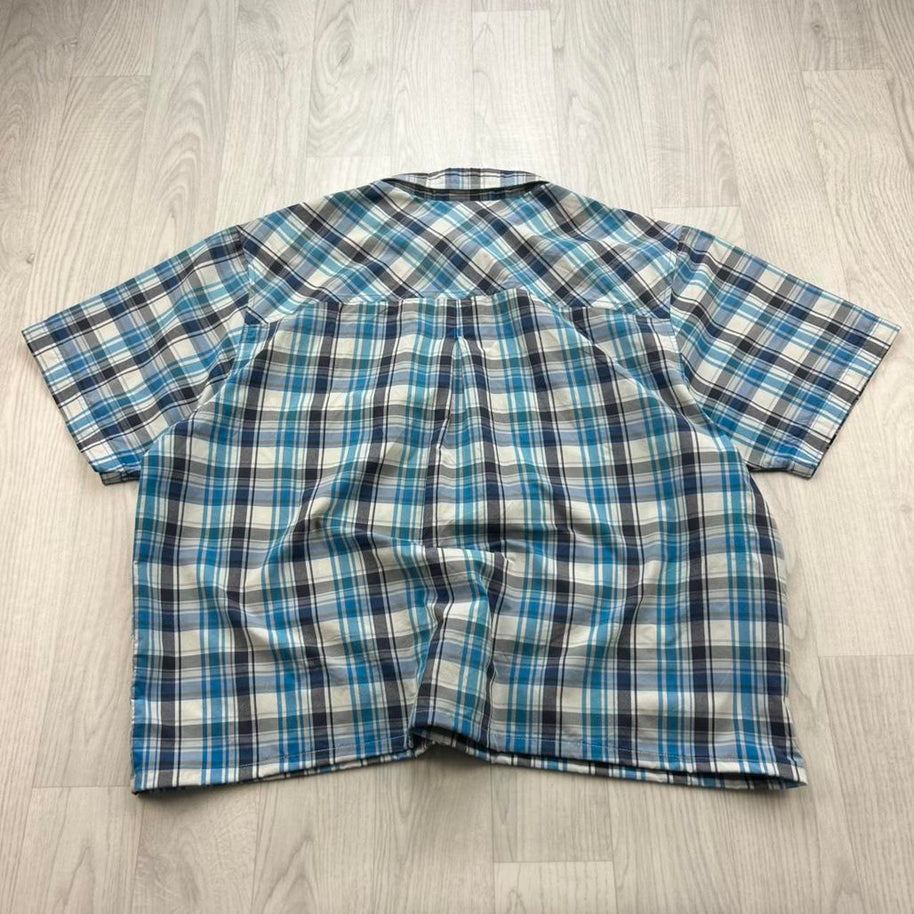 VINTAGE 00s THE NORTH FACE CHECKERED CROPPED SHORT SLEEVE BUTTON UP SHIRT BLUE