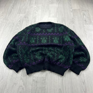 VINTAGE 90s PATTERN KNITTED JUMPER BLACK / GREEN