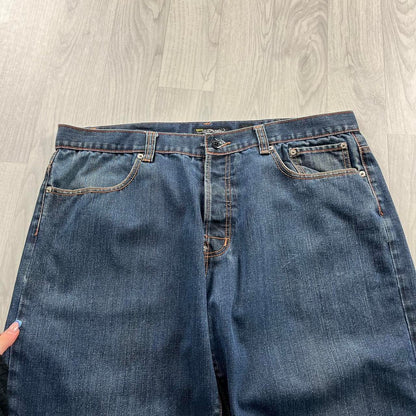 VINTAGE Y2K ED HARDY HIP HOP EMBROIDERED WIDE LEG BAGGY SKATE JEANS BLUE