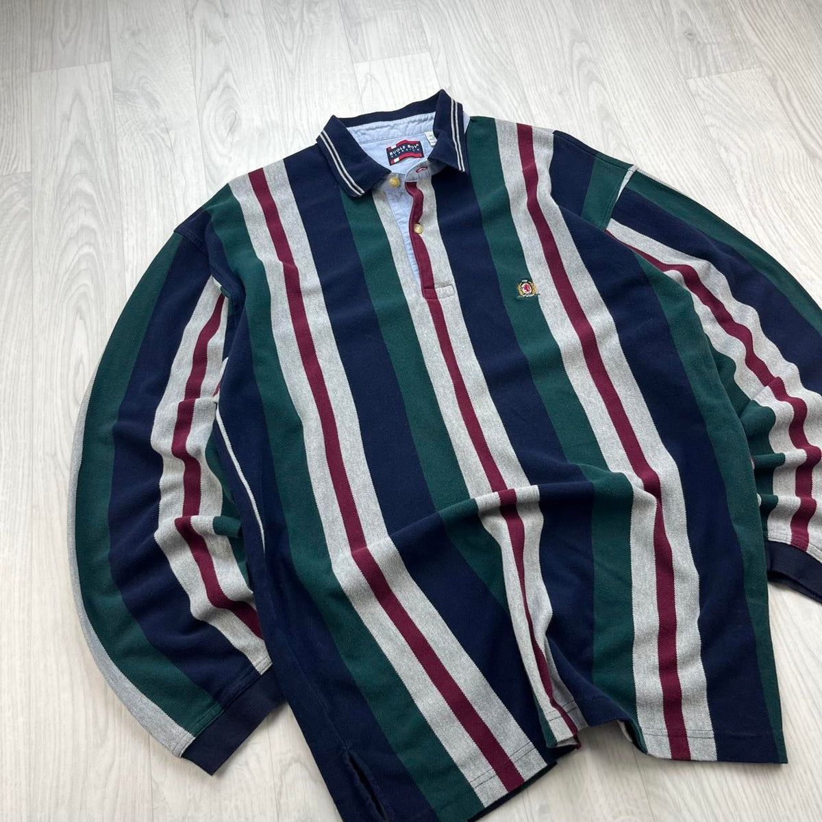 VINTAGE Y2K BUGLE BOY STRIPED LONG SLEEVE RUGBY POLO SHIRT GREEN / NAVY
