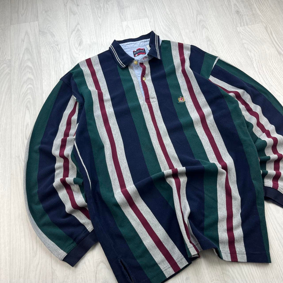 VINTAGE Y2K BUGLE BOY STRIPED LONG SLEEVE RUGBY POLO SHIRT GREEN / NAVY