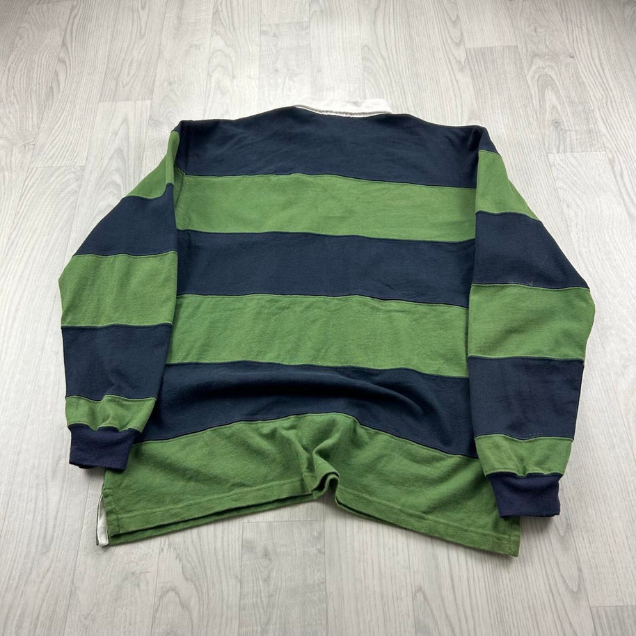 VINTAGE Y2K RALPH LAUREN STRIPED LONG SLEEVE RUGBY POLO SHIRT GREEN / NAVY