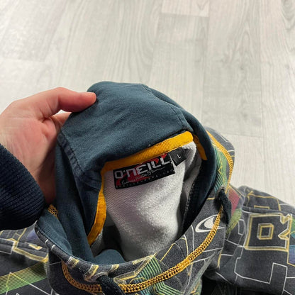 VINTAGE Y2K O’NEILL GRAPHIC ALL OVER PRINT HOODIE FADED BLACK