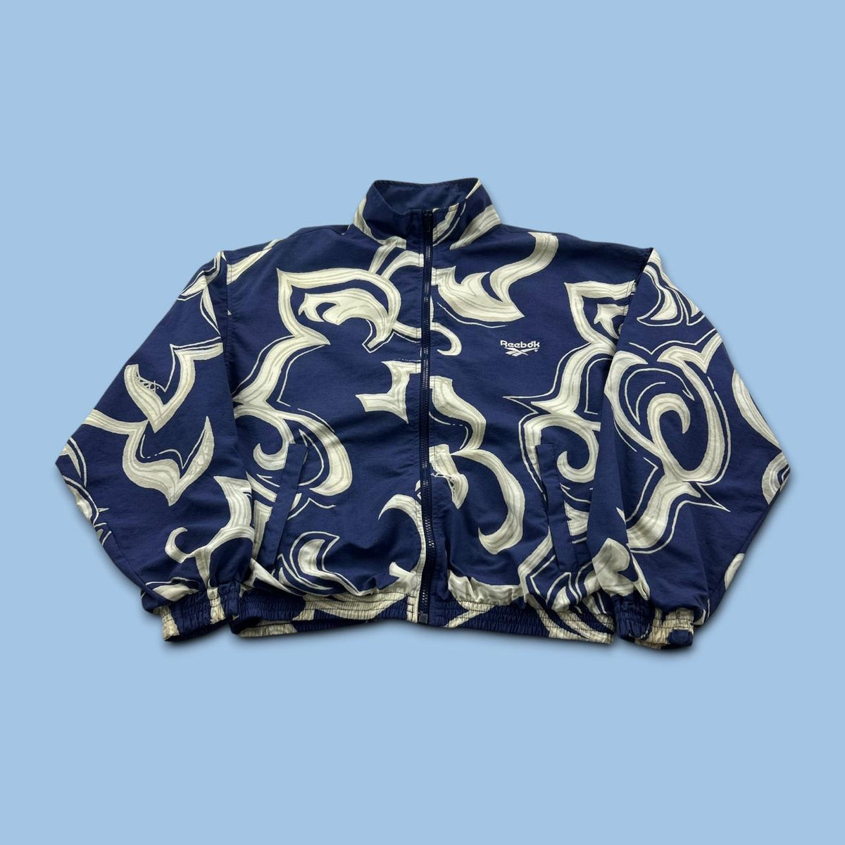 VINTAGE 90s REEBOK LIGHTWEIGHT FUNKY GRAPHIC JACKET NAVY / CREAM