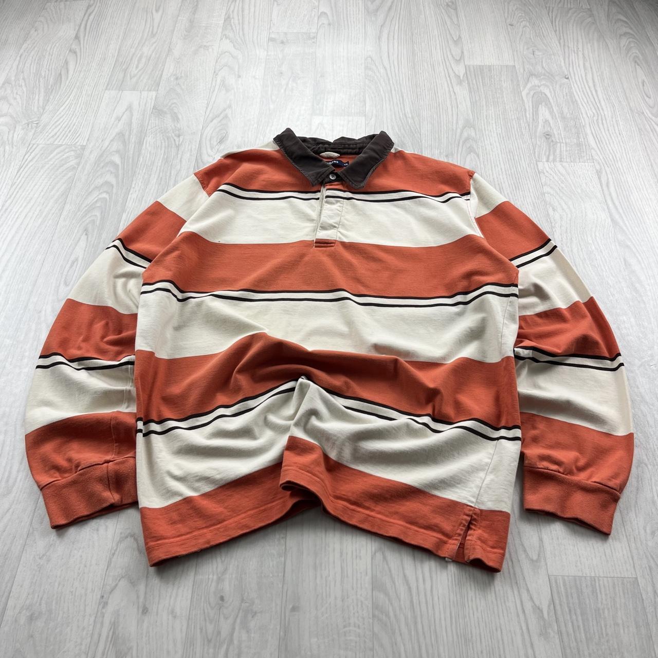 VINTAGE Y2K BARREDS STRIPED LONG SLEEVE RUGBY POLO SHIRT ORANGE
