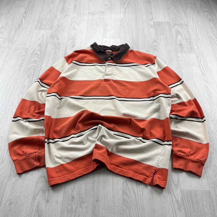 VINTAGE Y2K BARREDS STRIPED LONG SLEEVE RUGBY POLO SHIRT ORANGE