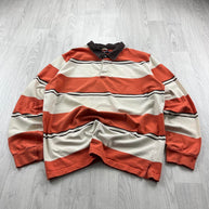 VINTAGE Y2K BARREDS STRIPED LONG SLEEVE RUGBY POLO SHIRT ORANGE