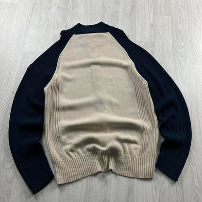 VINTAGE Y2K KICKERS CHUNKY RIBBED SPELL OUT ZIP KNITTED JUMPER CREAM NAVY