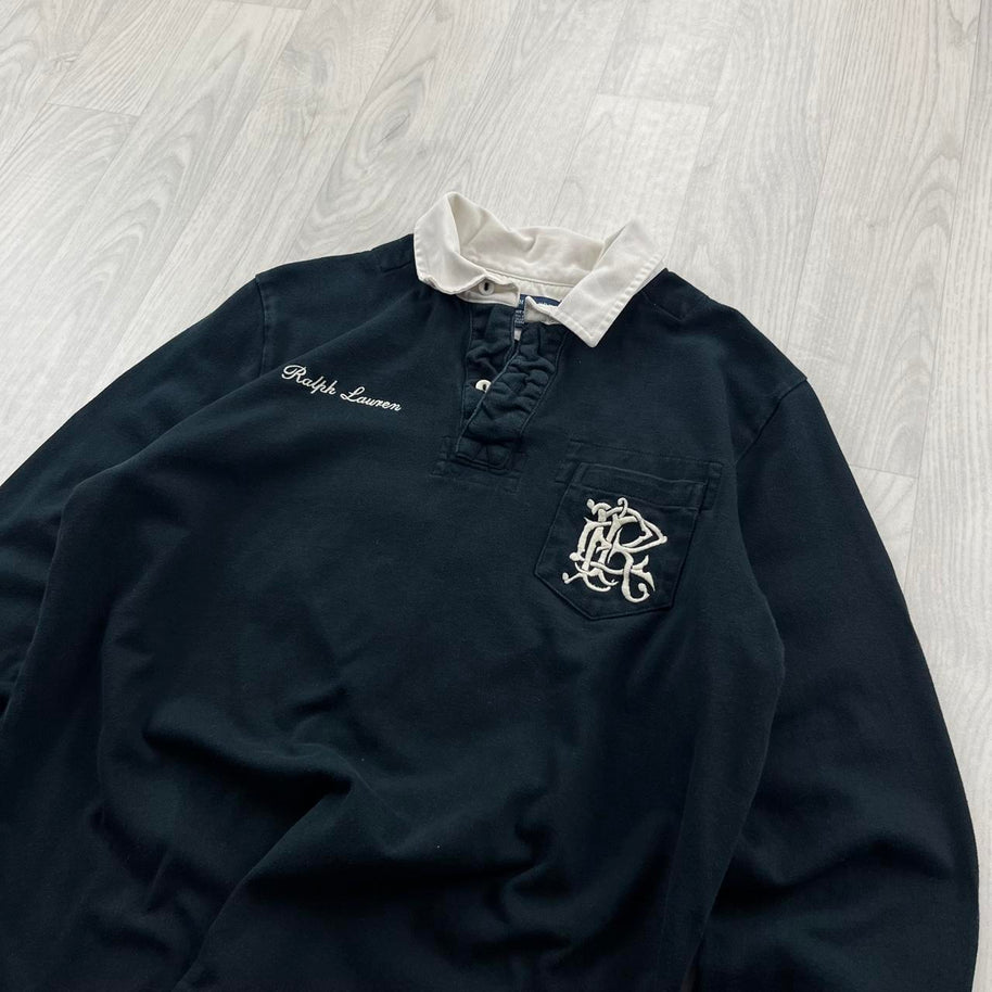 VINTAGE Y2K RALPH LAUREN 3 LONG SLEEVE RUGBY POLO SHIRT BLACK