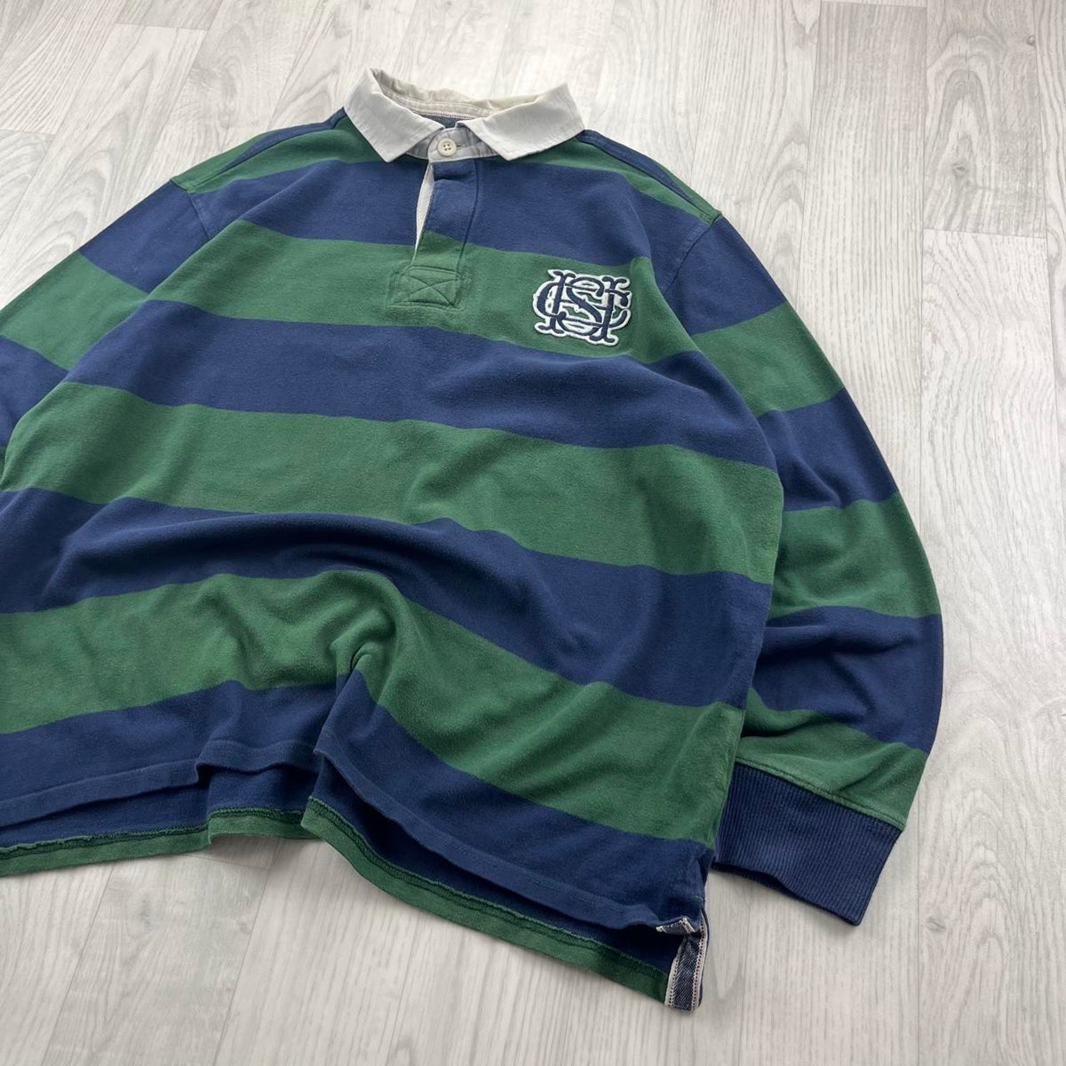 VINTAGE Y2K STRIPED LONG SLEEVE RUGBY POLO SHIRT GREEN / NAVY