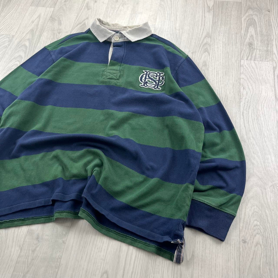 VINTAGE Y2K STRIPED LONG SLEEVE RUGBY POLO SHIRT GREEN / NAVY