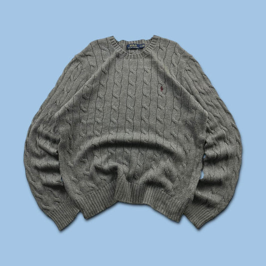 VINTAGE Y2K POLO RALPH LAUREN CHUNKY CABLE KNITTED JUMPER GREY