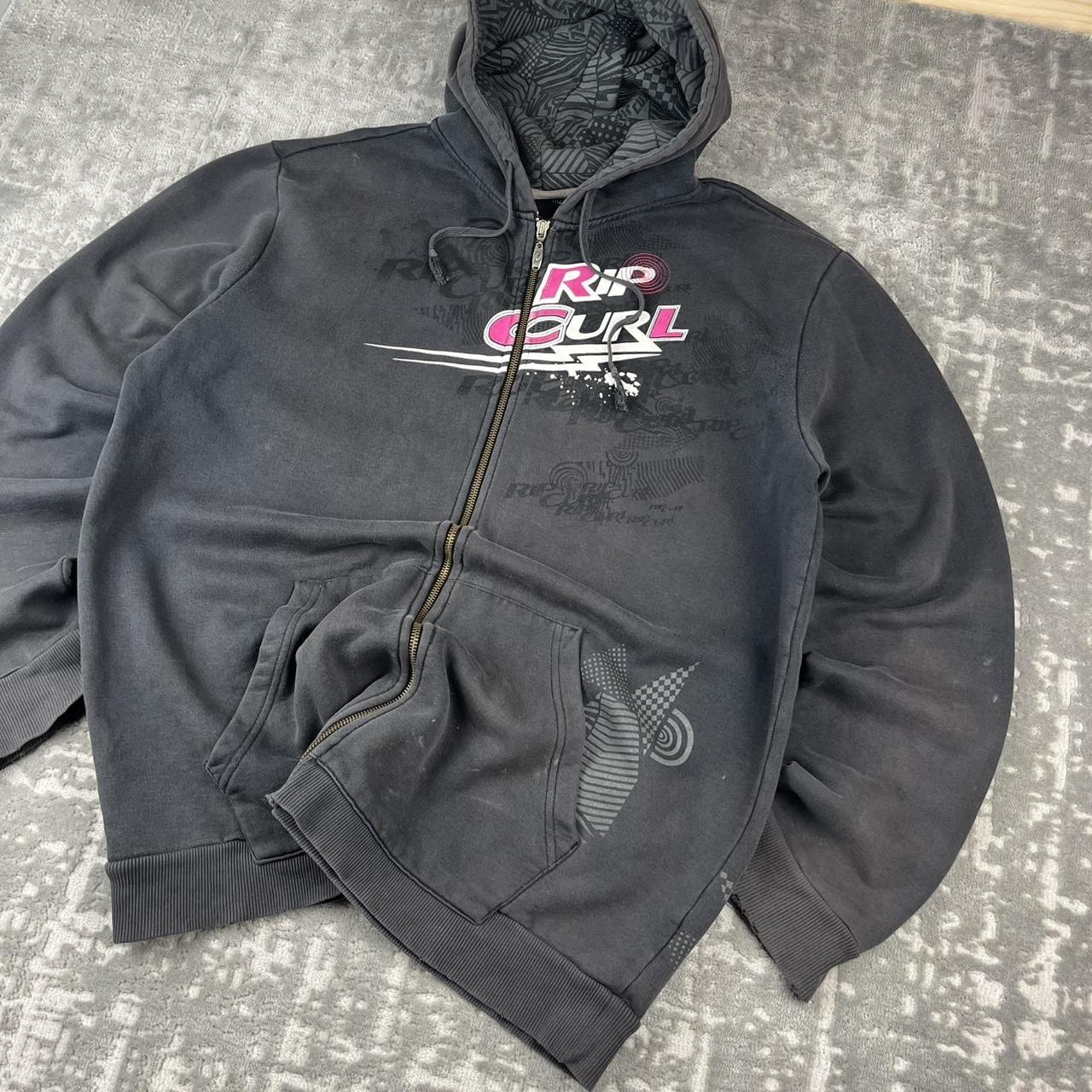 VINTAGE Y2K RIP CURL GRAPHIC SPELL OUT ZIP UP HOODIE FADED BLACK