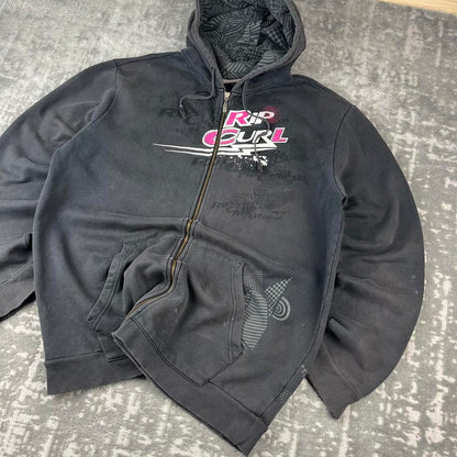 VINTAGE Y2K RIP CURL GRAPHIC SPELL OUT ZIP UP HOODIE FADED BLACK
