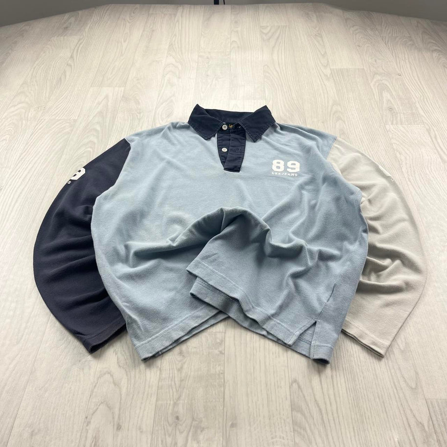 VINTAGE Y2K LEE STRIPED LONG SLEEVE RUGBY POLO SHIRT BLUE WHITE