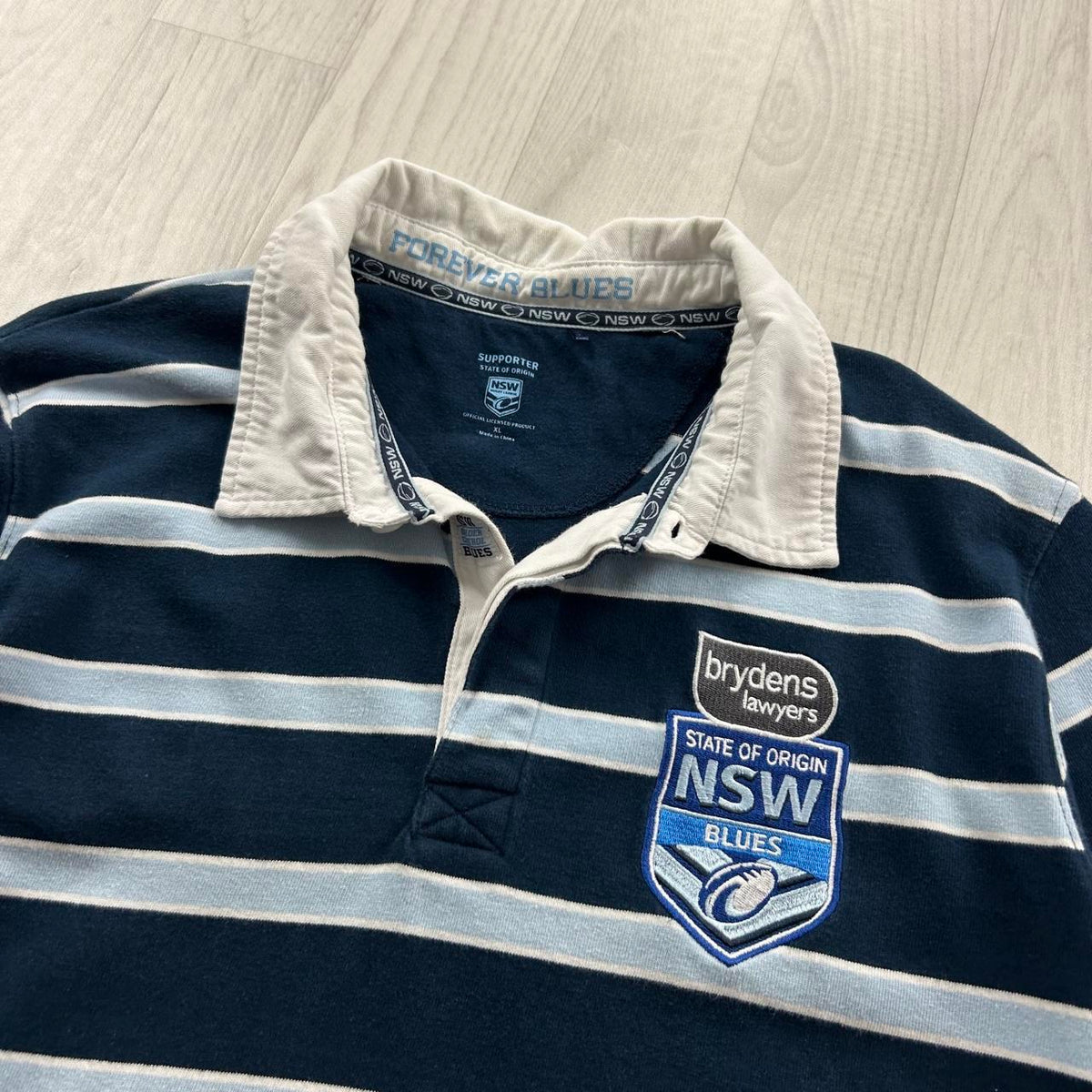 VINTAGE 00s NEW SOUTH WALES STRIPED LONG SLEEVE RUGBY POLO SHIRT NAVY / SKY BLUE