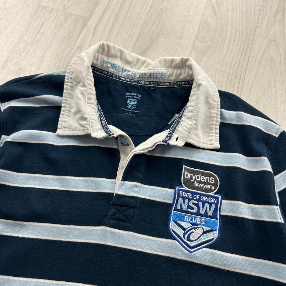 VINTAGE 00s NEW SOUTH WALES STRIPED LONG SLEEVE RUGBY POLO SHIRT NAVY / SKY BLUE