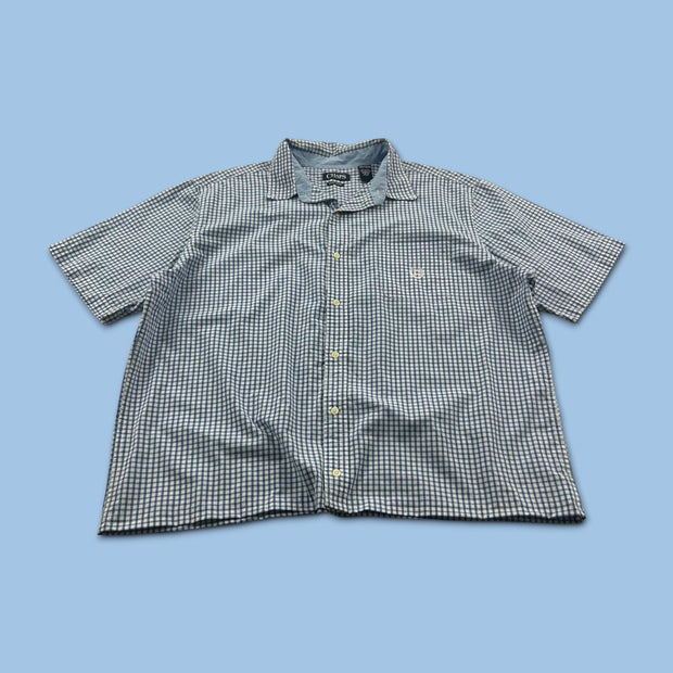 VINTAGE 00s CHAPS CHECKERED CROPPED SHORT SLEEVE BUTTON UP SHIRT BLUE