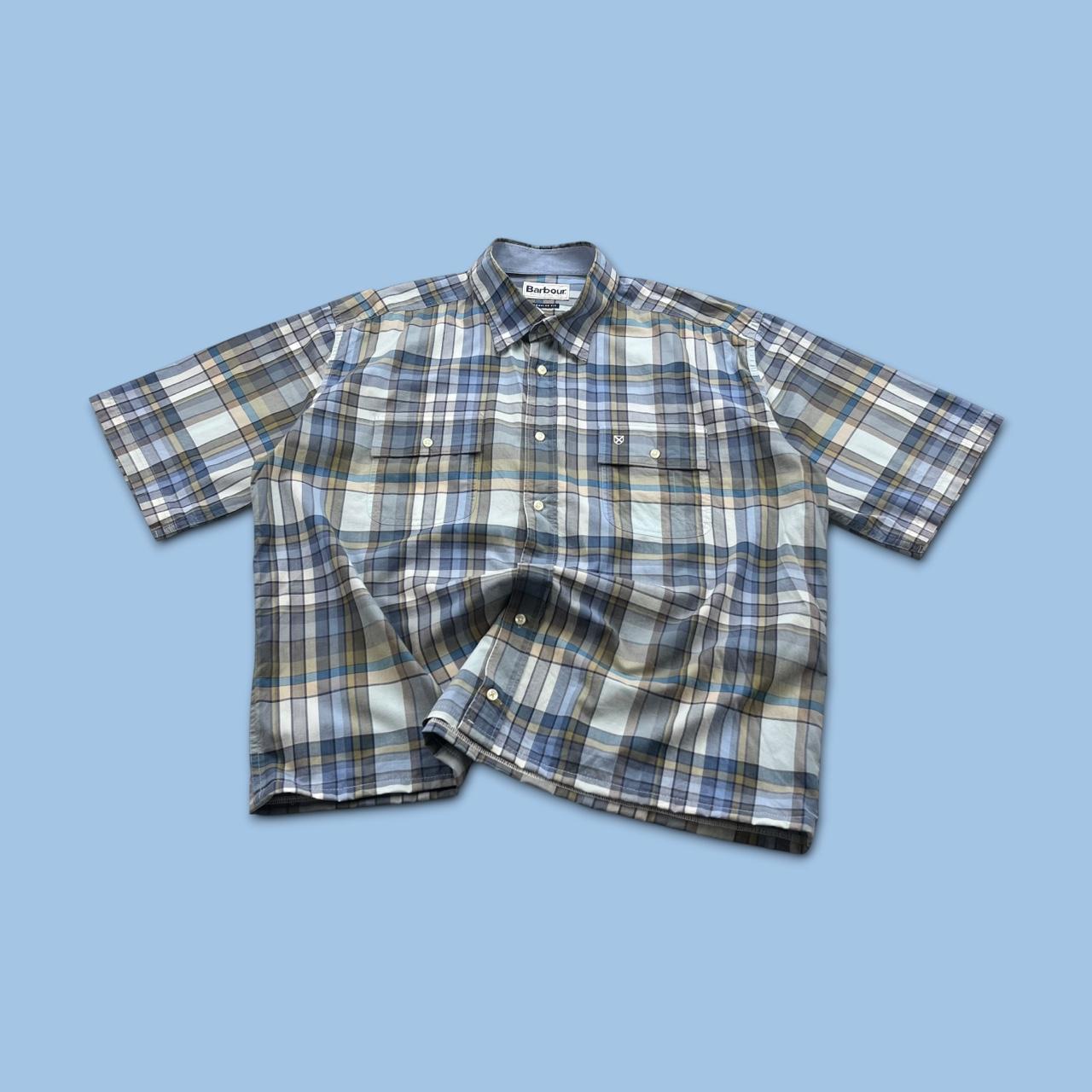 VINTAGE 00s BARBOUR CHECKERED CROPPED SHORT SLEEVE BUTTON UP SHIRT BLUE