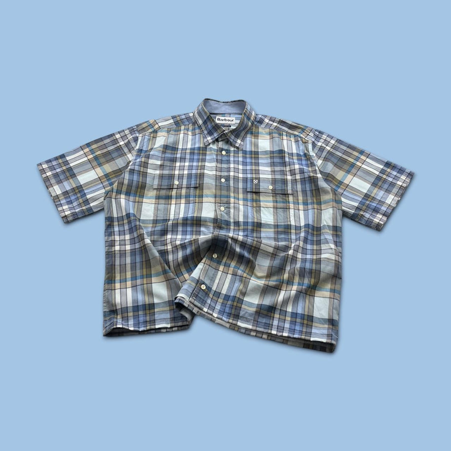 VINTAGE 00s BARBOUR CHECKERED CROPPED SHORT SLEEVE BUTTON UP SHIRT BLUE