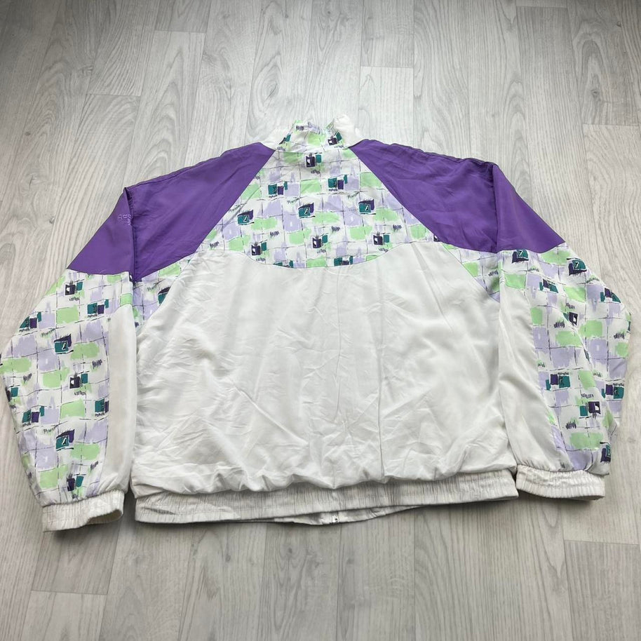VINTAGE 90s REEBOK GEOMETRIC GRAPHIC WINDBREAKER JACKET WHITE / PURPLE