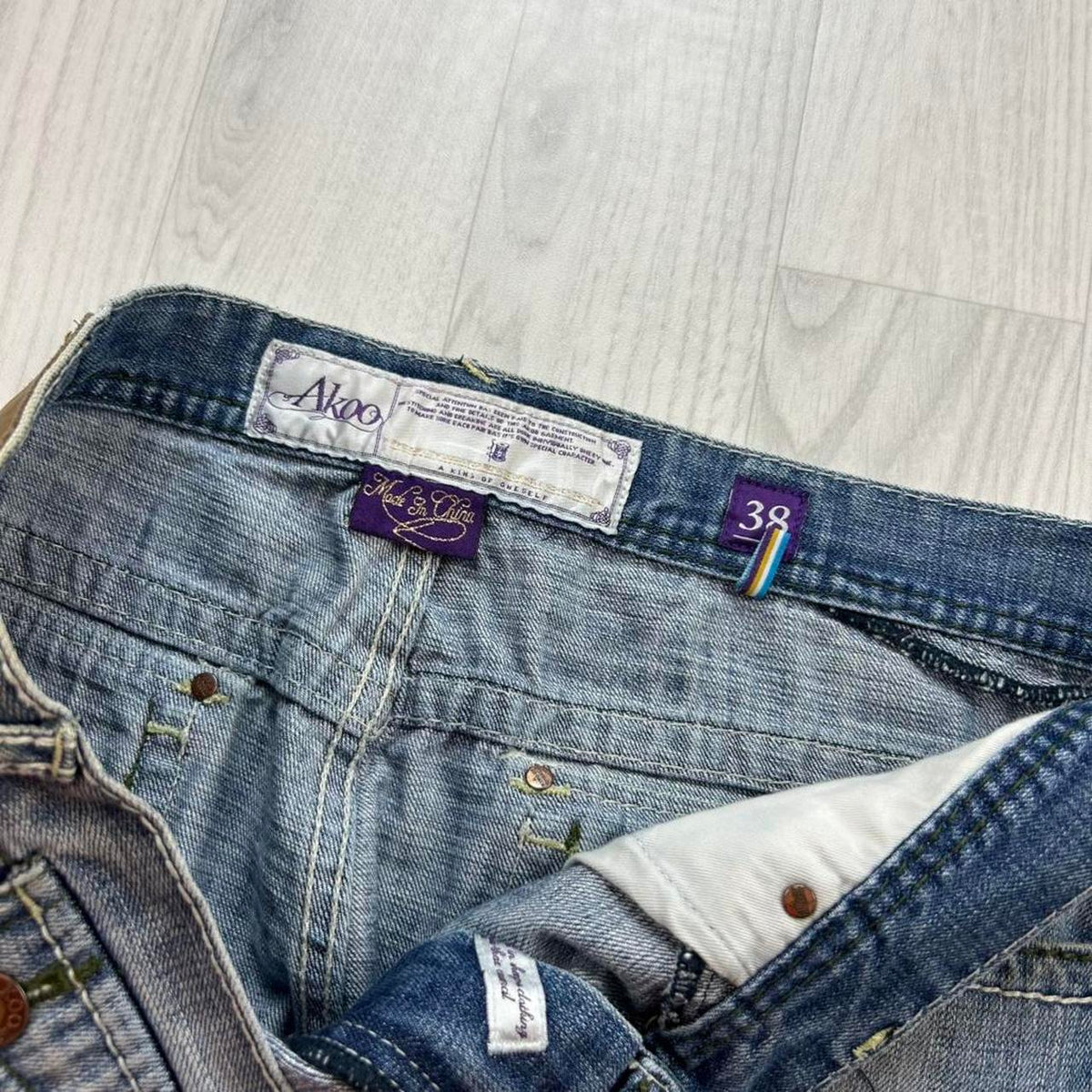 VINTAGE Y2K AKOO BAGGY EMBROIDERED JEANS BLUE