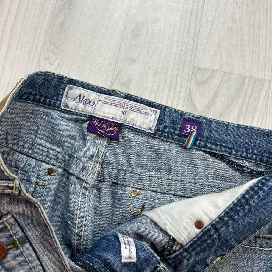 VINTAGE Y2K AKOO BAGGY EMBROIDERED JEANS BLUE