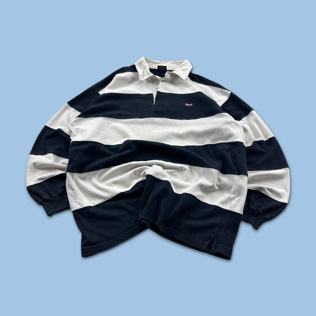 VINTAGE Y2K CELIO STRIPED LONG SLEEVE RUGBY POLO SHIRT NAVY / WHITE