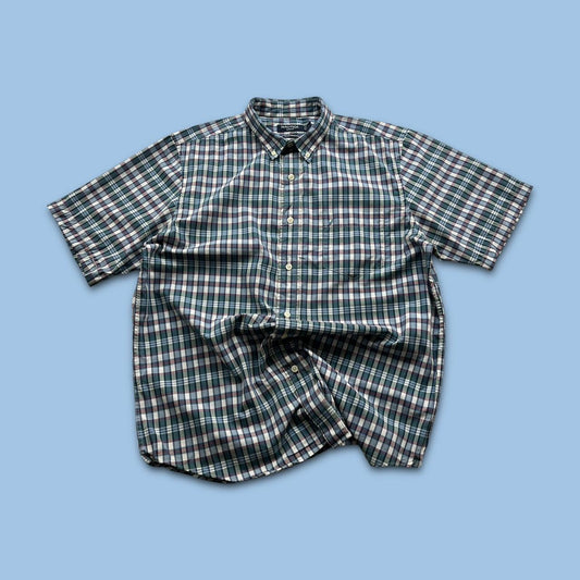 VINTAGE Y2K NAUTICA SHORT SLEEVE PLAID BUTTON UP SHIRT GREEN